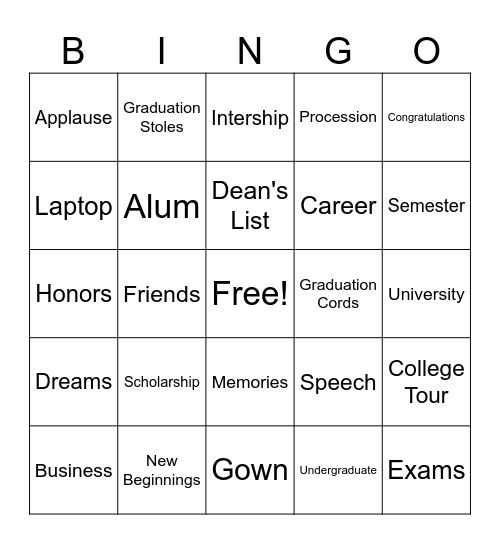 Graduation Bingo Card