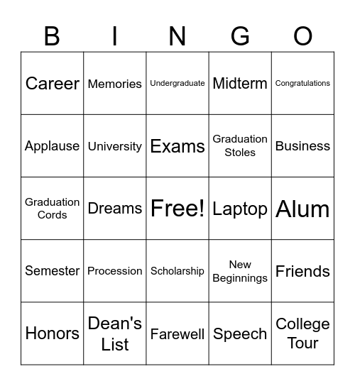 Graduation Bingo Card