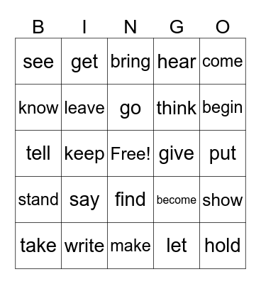 Past Tense Irregular Verbs Bingo Card