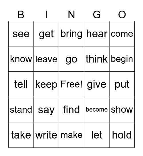 Past Tense Irregular Verbs Bingo Card