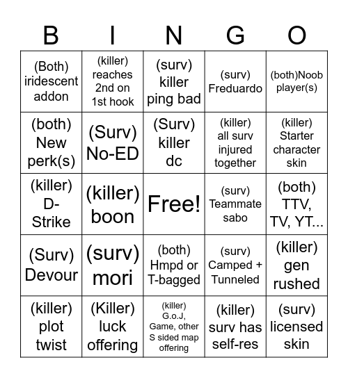 Survivor x Killer Bingo Card