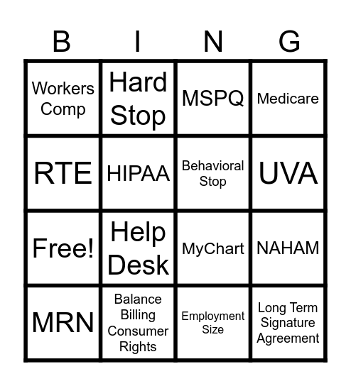 Patient Access Week Bingo Card