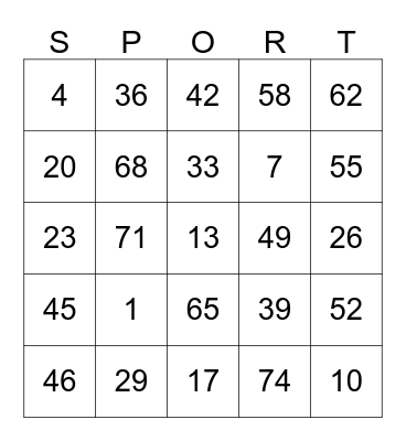 SPORT Bingo Card