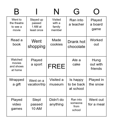 Spring Break Bingo Card