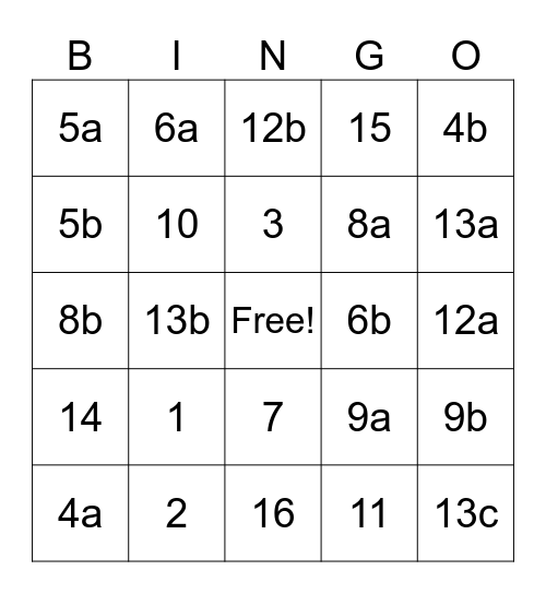 Ch. 9  Review Bingo Card
