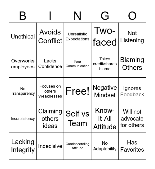 Bad Leadership Bingo Card