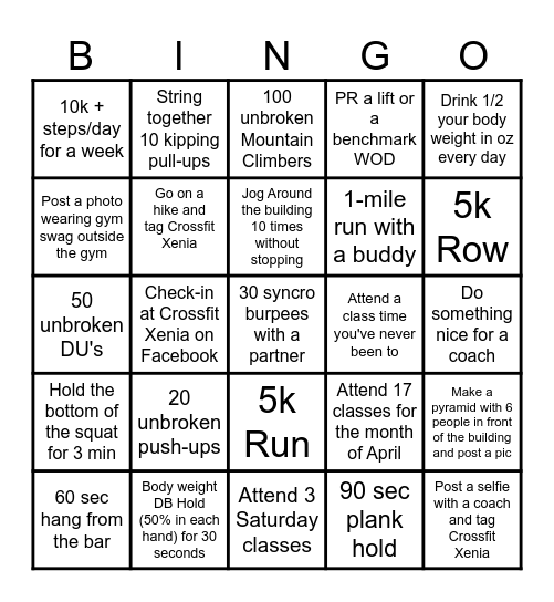 Crossfit Xenia Spring Bingo Card