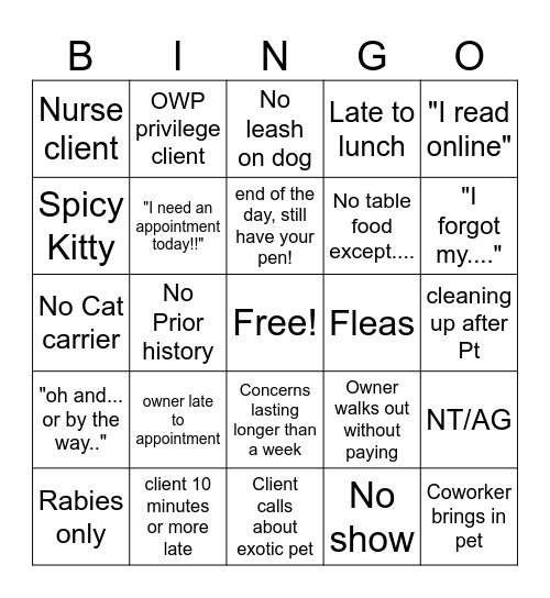 Veterinary Bingo Card