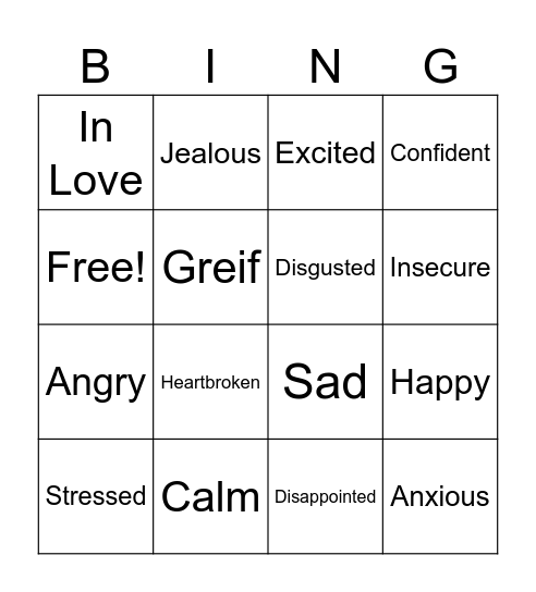 Musical Emotion Bingo Card