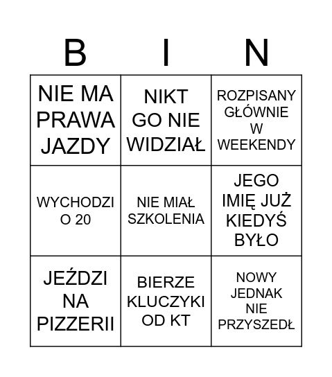 BINGO NOWEGO KIEROWCY Bingo Card
