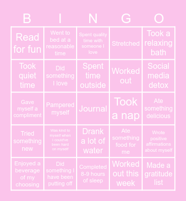 Self Care Bingo Night Bingo Card