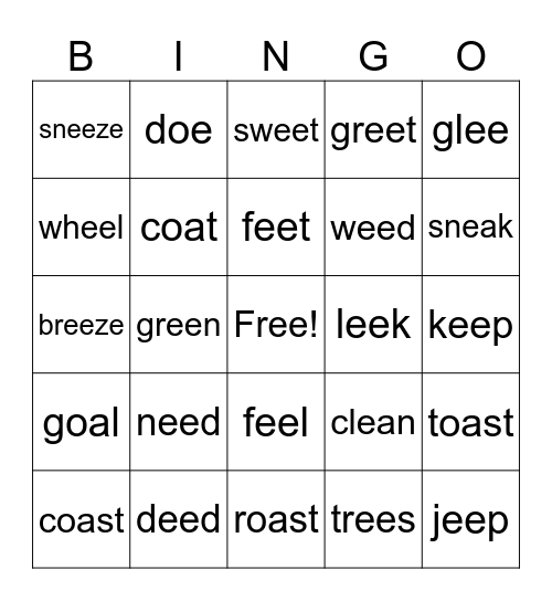 Long /e/ and /a/ Bingo Card