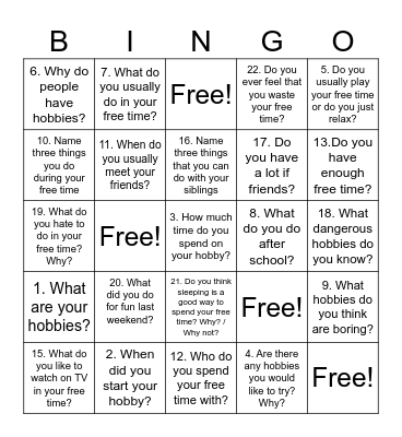 Free Time Activities Bingo Card