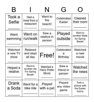 Spring Break BINGO Card