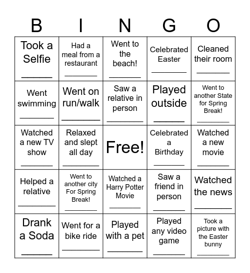 Spring Break BINGO Card