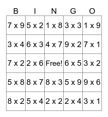Multiplication Bingo Card