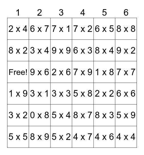 Multiplication Bingo Card