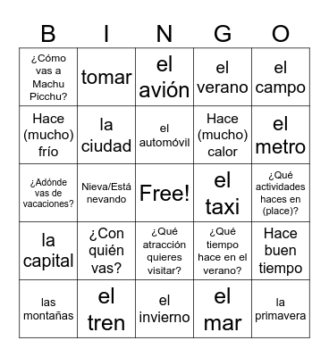 Spanish 1 Module 22 Bingo Card