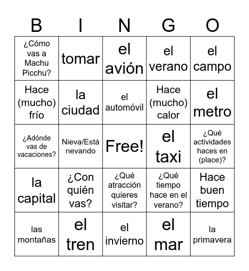 Spanish 1 Module 22 Bingo Card