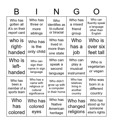 Diversity Bingo Card