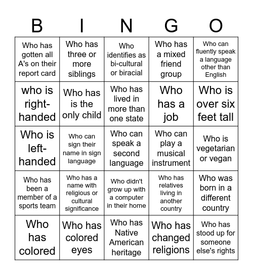 Diversity Bingo Card