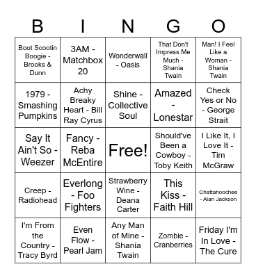 90's Country vs. Rock Bingo Card
