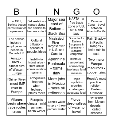 9th World Geography Bingo Card