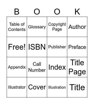 Parts of a Book Bingo Card