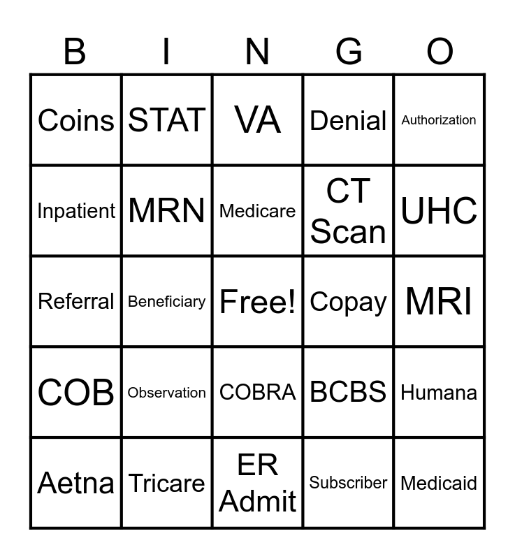 Patient Access Week Bingo Card