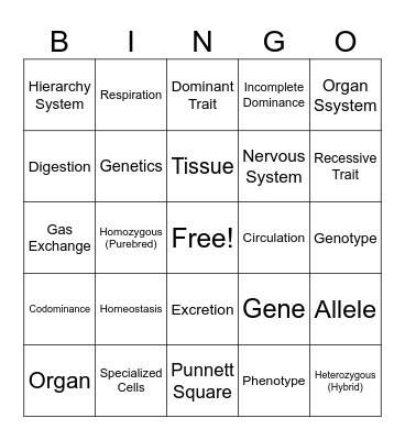 Levels of Organization/Human Body SYstems Bingo Card