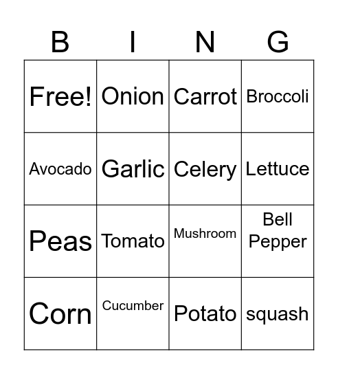 Vegetables Bingo Card