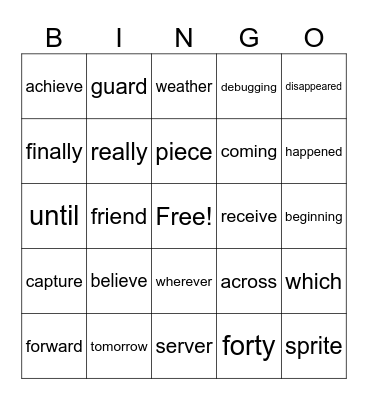 Kenny Commonly Misspelled #1 Bingo Card