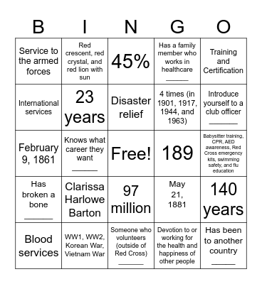 Red Cross Club Bingo Card