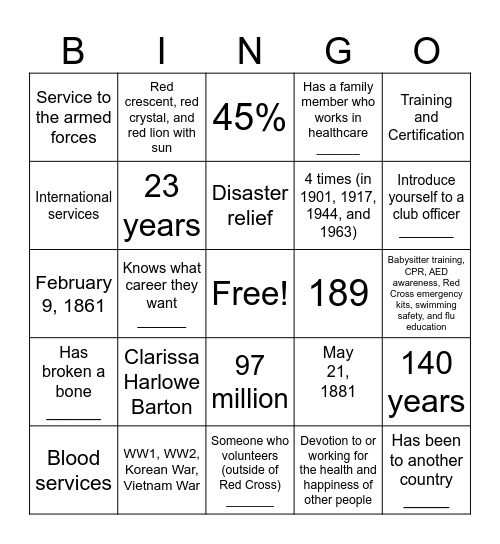 Red Cross Club Bingo Card