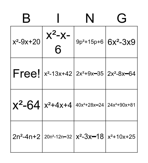 Multiplying Binomials Bingo Card