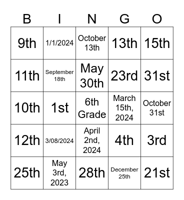 BINGO - NUMBERS & DATES Bingo Card