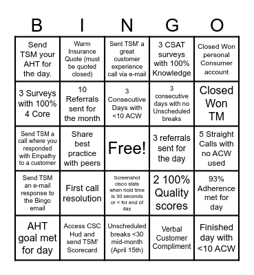 Standing on Bingo Card