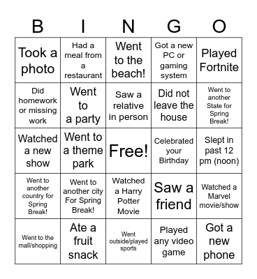 Return from Spring Break Bingo Card