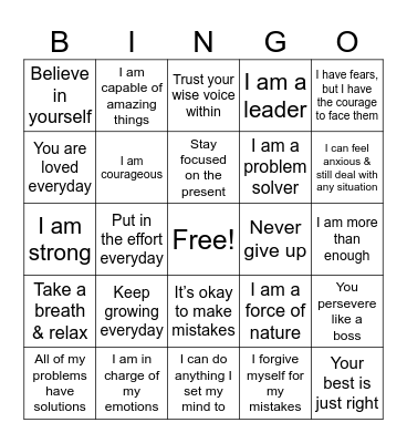 Positive Affirmations Bingo Card