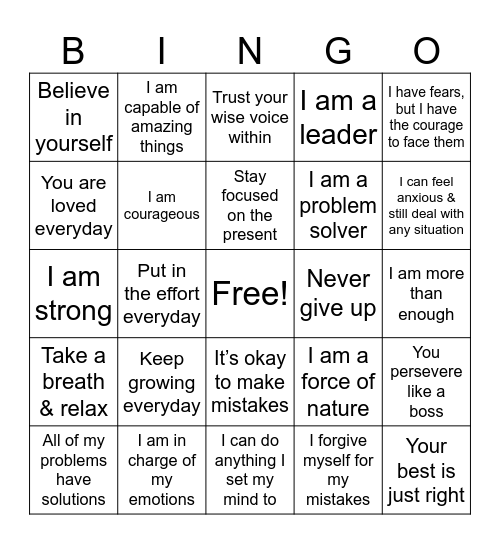 Positive Affirmations Bingo Card