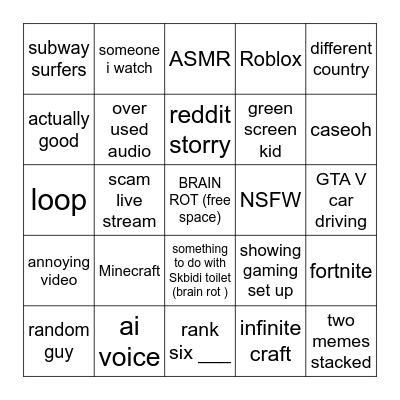 YT SHORTS BRAIN ROT BINGO Card