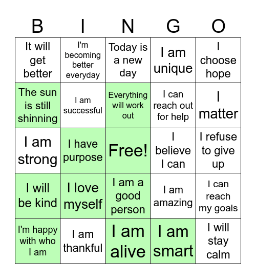 Self-Image Bingo Card