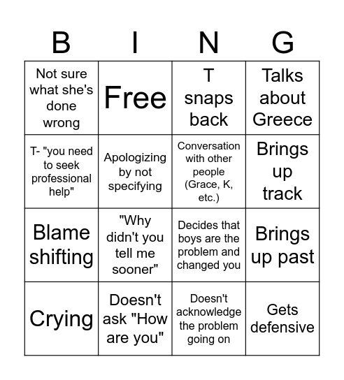 Fiona Bingo Card