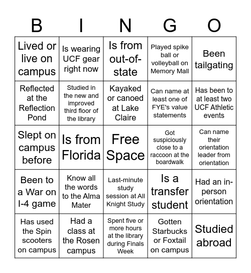UCF Life Bingo Card