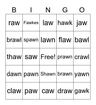 Words with "aw" sound Bingo Card