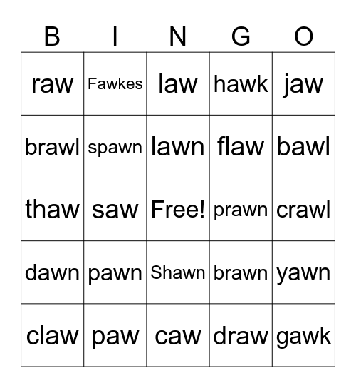 Words with "aw" sound Bingo Card