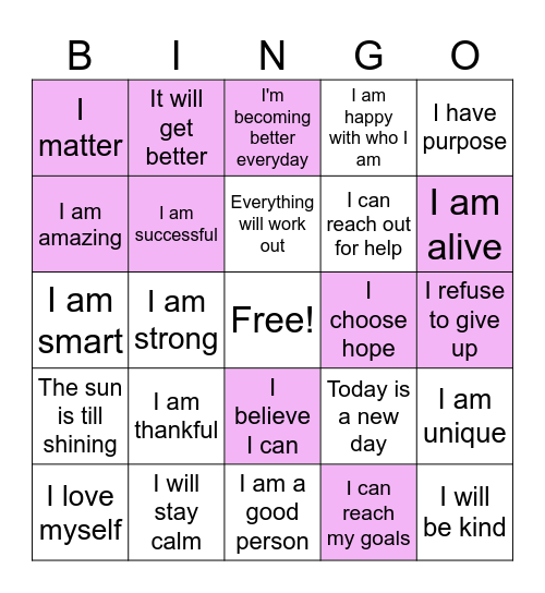 Self Image Bingo Card