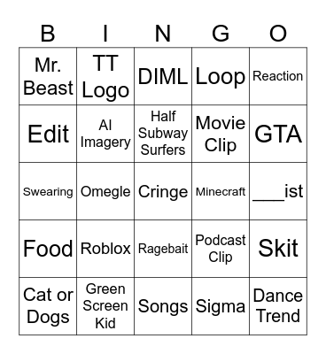 YT Shorts Bingo Card