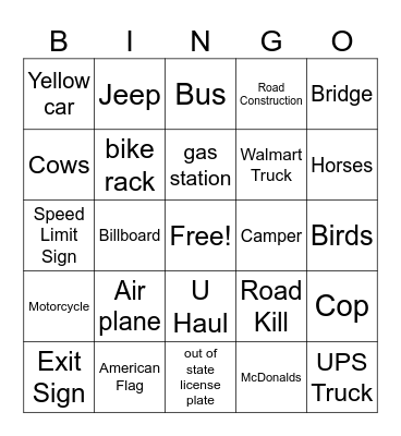 Road trip Bingo Card