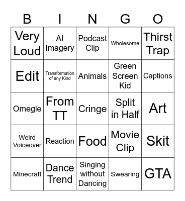 YT Shorts Bingo Card